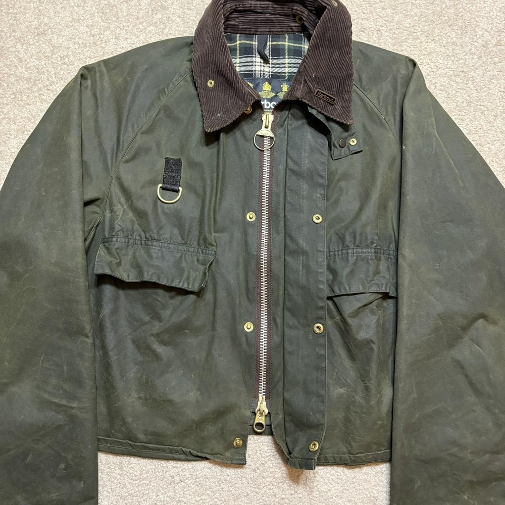 Vtg Barbour A130 Spey Jacket Mens Large Short Green Waxed Made England Hooded - Picture 7 of 16